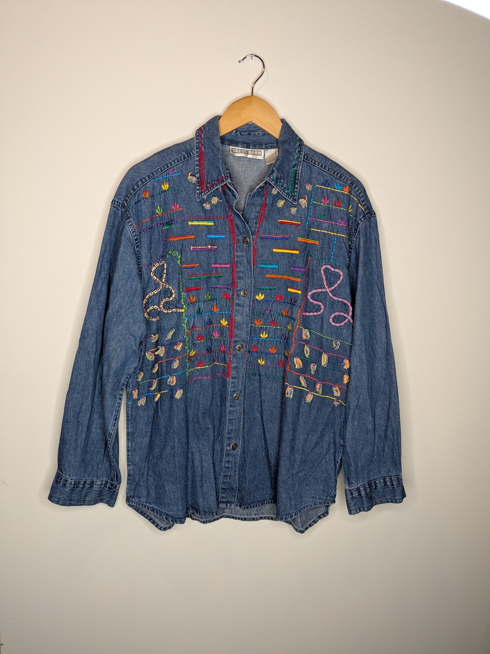 Dress Barn Embroidered Denim Button-Up Shirt Blue Large Vintage